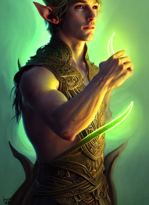 Image similar to meditative elven male adventurer, dnd fantasy character full - body portrait, glowing neon skin, magical aura, ultra realistic, intricate, elegant, highly detailed, digital painting, artstation, smooth, sharp, focus, illustration, art by artgerm and greg rutkowski and alphonse mucha