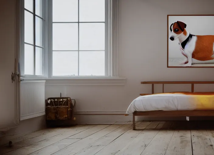 Image similar to photography of a jack russel. watching outside the window. on a bed. in a vintage room full of vinyls and posters., volumetric light, photorealistic,, award winning photo, 1 0 0 mm, sharp, high res