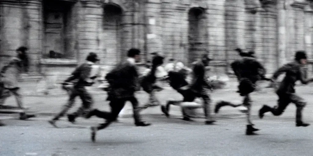 Image similar to street photography, revolution, street, city, blurred people running from tanks, closeup, film photography, 1 9 8 0 s, exposed b & w photography, robert capa photography, henri cartier - bresson photography