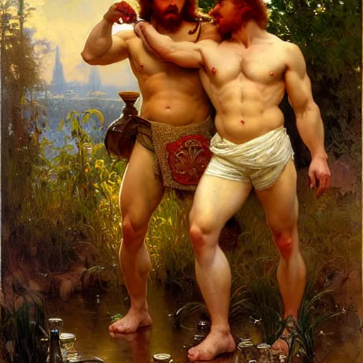 Image similar to attractive muscular mike with ginger hair and muscular attractive ty with brunet hair, drinking their hearts out, boys night out. highly detailed painting by gaston bussiere, craig mullins, j. c. leyendecker, alphonse mucha 8 k