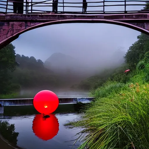 Prompt: in background arched bridge over river in distance, small red umbrella floats upside down in water in foreground, golden hour, moody, misty national geographic photo