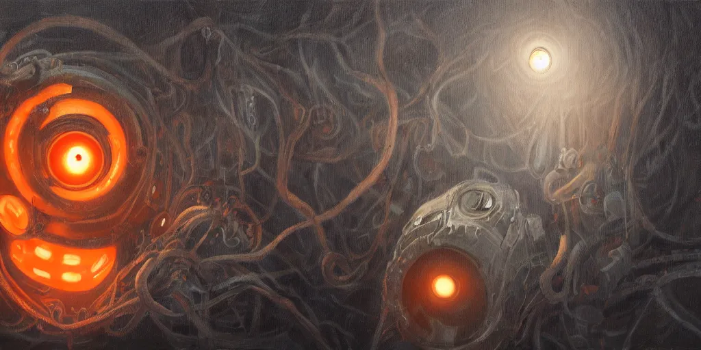 Prompt: Lovecraftian GladOS with small orange glowing eyes, oil painting, 4k