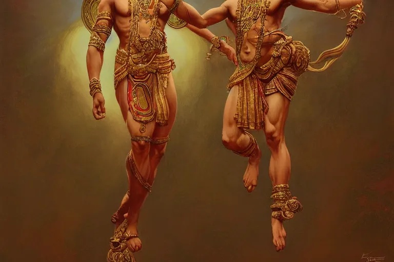 Image similar to award winning full body portrait of a beautiful ornated hanuman god, horizontally leaping!!!, legs stretched!!! intricate, elegant, highly detailed, digital painting, artstation, concept art, smooth, sharp focus, digital illustration, art by krenz cushart and artem demura and alphonse mucha