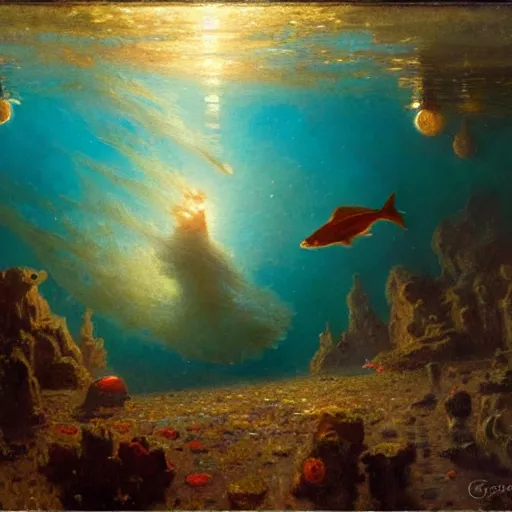 Image similar to point of view of deep in the ocean looking up, you see fishes, higher the milk way, night time, midnight. highly detailed painting by gaston bussiere, greg rutkowski 8 k