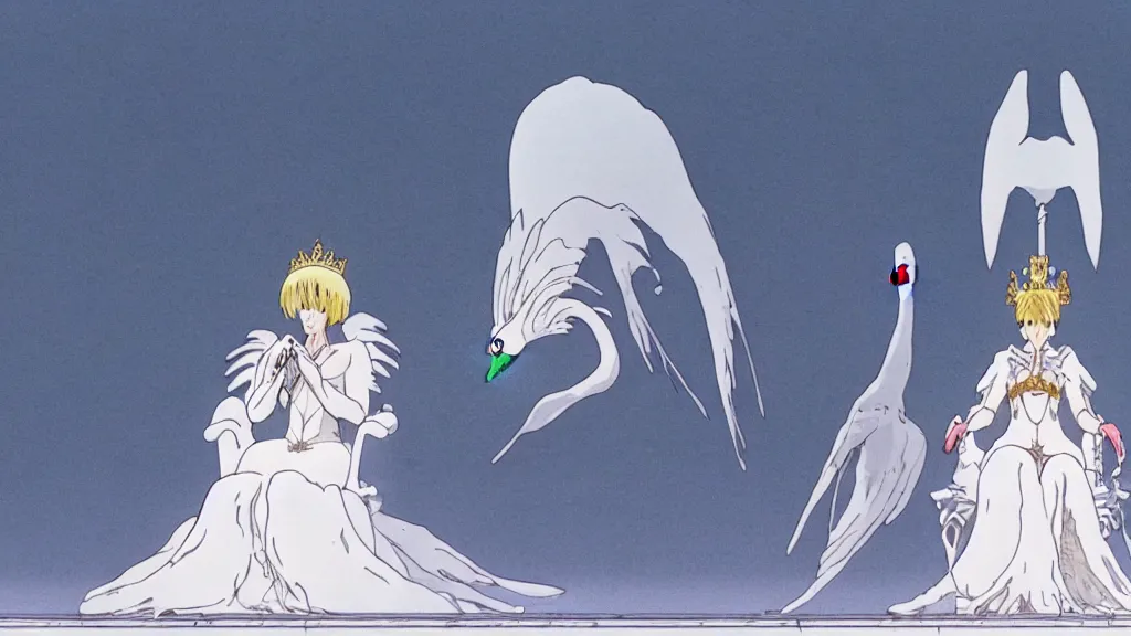 Prompt: a queen dressed as a white swan, wearing a swan mask, sitting in her white stone throne room, anime film still from the an anime directed by katsuhiro otomo with art direction by salvador dali, wide lens