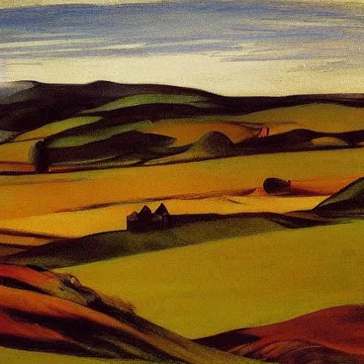 Image similar to landscape of donegal ireland, by edward hopper and giorgio de chirico