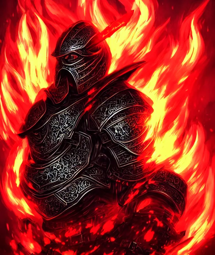 Image similar to a detailed manga portrait illustration of a dark warrior in black plated armour surrounded by red flames, trending on artstation, digital art, 4 k resolution, detailed, octane render, high quality, sharp focus, hq artwork, insane detail, concept art, character concept, character illustration