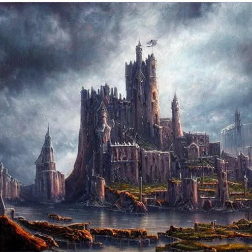 Image similar to stark oil painting medieval fantasy cityscape, foreboding, detailed, castle, stormy skies