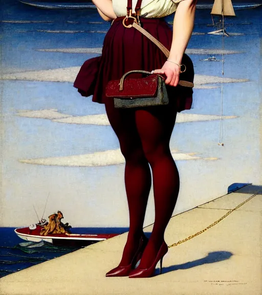 Image similar to a fancy beautiful plump young lady holding a purse standing on a wharf at the edge of the sea by brom and gil elvgren and jean delville and william blake and norman rockwell and michael whelan, crisp details, hyperrealism, high contrast, feminine facial features, stylish navy blue heels, gold chain belt, cream colored blouse, maroon hat