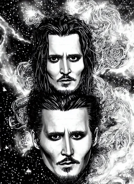 Prompt: black and white pen and ink!!!!!!! Johnny Depp x Ryan Gosling wearing cosmic space robes made of stars final form flowing royal hair golden!!!! Vagabond!!!!!!!! floating magic swordsman!!!! glides through a beautiful!!!!!!! Camellia flower battlefield dramatic esoteric!!!!!! Long hair flowing dancing illustrated in high detail!!!!!!!! by Moebius and Hiroya Oku!!!!!!!!! graphic novel published on 2049 award winning!!!! full body portrait!!!!! action exposition manga panel black and white Shonen Jump issue by David Lynch eraserhead and beautiful line art Hirohiko Araki!! Rossetti, Millais, Mucha, Jojo's Bizzare Adventure, baroque bedazzled gothic royalty frames surrounding a pixelsort emo demonic horrorcore japanese Edward Scissorhands, sharpened early computer graphics, remastered chromatic aberration, spiked korean bloodmoon sigil stars draincore, gothic demon hellfire hexed witchcore aesthetic, dark vhs gothic hearts, neon glyphs spiked with red maroon glitter breakcore art