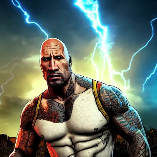 Prompt: dwayne douglas johnson portrait, borderlands, tales from the borderlands, the wolf among us, comic, cinematic lighting, studio quality, 8 k