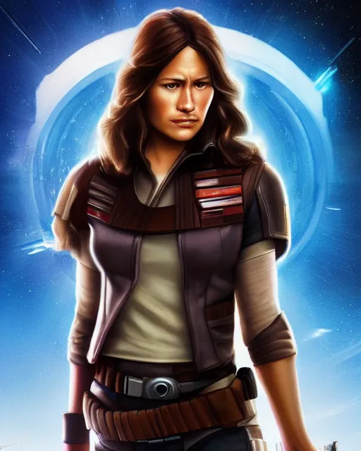 Image similar to beautiful jaina solo from star wars legends, beautiful feminine jaina solo, without lightsaber, movie, hyper realistic, hollywood promotional image, imax, 8 k