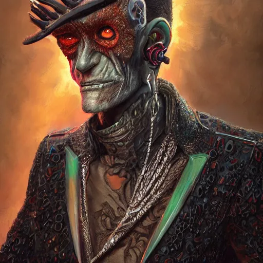 Prompt: a portrait of Murdoc Niccals from Gorlliaz wearing a cool jacket with gems imbedded into it by alex gray and android jones , Karol Bak, Ayami Kojima, Amano , concept art, character design, fantasy,3D, 8k resolution