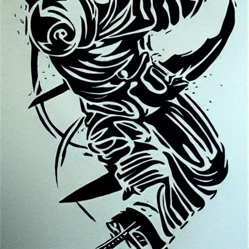 Prompt: tattoo design, stencil, a ninja jumping in the air with a sword