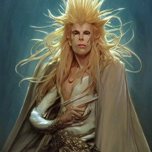 Image similar to amazing lifelike award winning pencil illustration of jareth the goblin king trending on art station artgerm Greg rutkowski alphonse mucha cinematic
