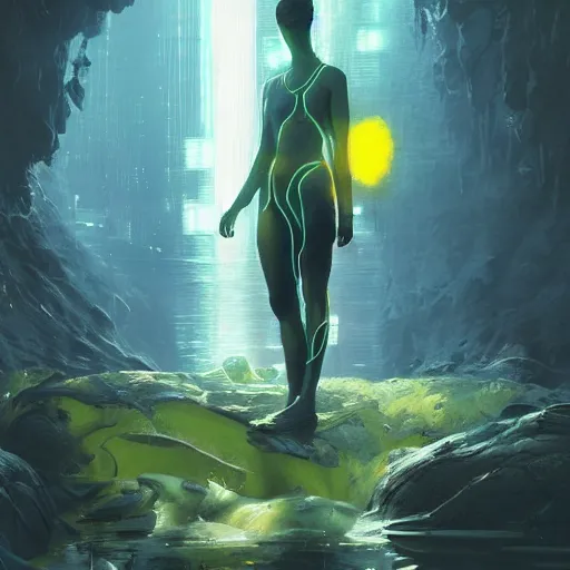 Image similar to a sage meditates under a waterfall pieces with glowing yelow visor as a realistic scifi cyberpunk, torso, art by james jean and greg rutkowski!!, realistic face, like anime, digital art, concept art, golden ratio, perfect composition, trending on artstation, 8 k