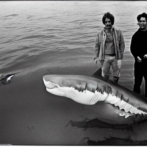 Prompt: marine biologists pose next to megladon shark, caught giant shark, scientists posing, they keep some distance, hanging shark, national geographic photo 1 9 7 0 s, fugifilm