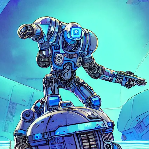 Image similar to cell shaded image of a cybernetic blue bald soldier, riding on top of a futuristic blue tank with glowing blue eyes as Borderlands 3 concept art, llustration, post grunge, concept art by josan gonzales and wlop, by james jean, Victo ngai, David Rubín, Mike Mignola, Laurie Greasley, highly detailed, sharp focus,alien,Trending on Artstation, HQ, deviantart, art by artgem