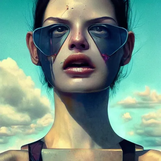 Prompt: 3 d, close - up, screaming fashion model face, sun, cinematic, clouds, vogue cover style, dystopian art, poster art, futuristic, fantasy artrealistic painting, intricate oil painting, high detail illustration, by beeple and james jean and david diao