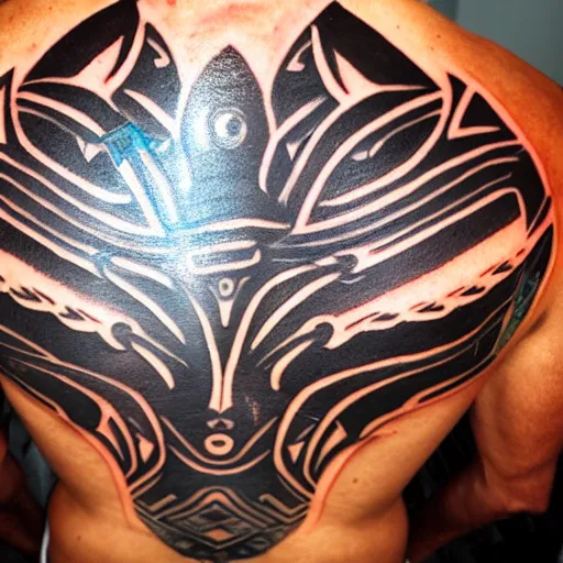 Image similar to dark - skinned tribal warrior, cybernetic enhancements, tribal tattoos, close up