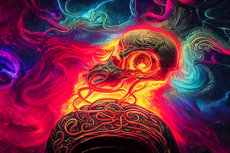 Image similar to a giant skull with intricate rune carvings and glowing eyes with lovecraftian tentacles emerging from a space nebula by dan mumford, smoke trails, digital art, photorealistic, vivid colors, highly detailed, intricate