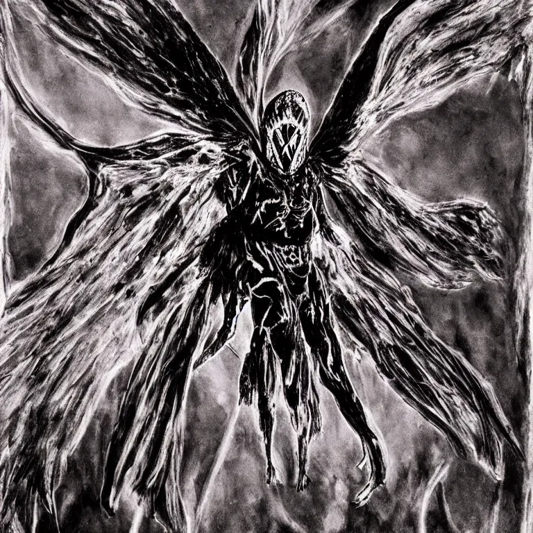 Image similar to mothman demon, crimson death wings, in the shadows of the blinding chaotic cosmic star, shadow art, wispy ink horrors, photo pic by 35mm