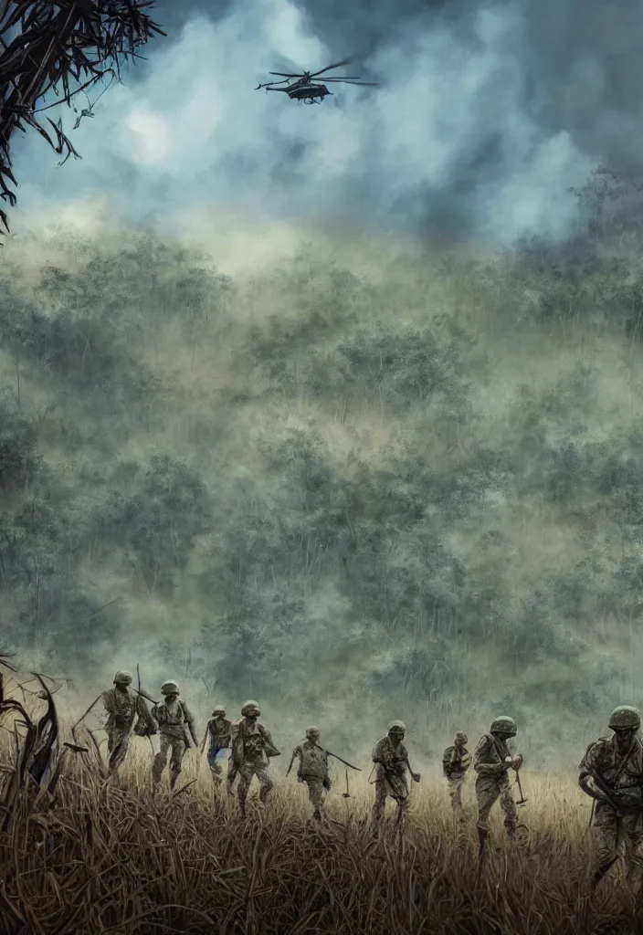 Image similar to handmade illustration of an epic Vietnam war scene with a very few american soldiers walking into the jungle, some smoke and fire, blue sky with dramatic clouds, one helicopter, line art, ballpoint, oil on canvas by Kilian Eng and by Jake Parker, heavy brushstrokes, winning-award masterpiece, fantastic, octane render, 8K HD Resolution, High quality image