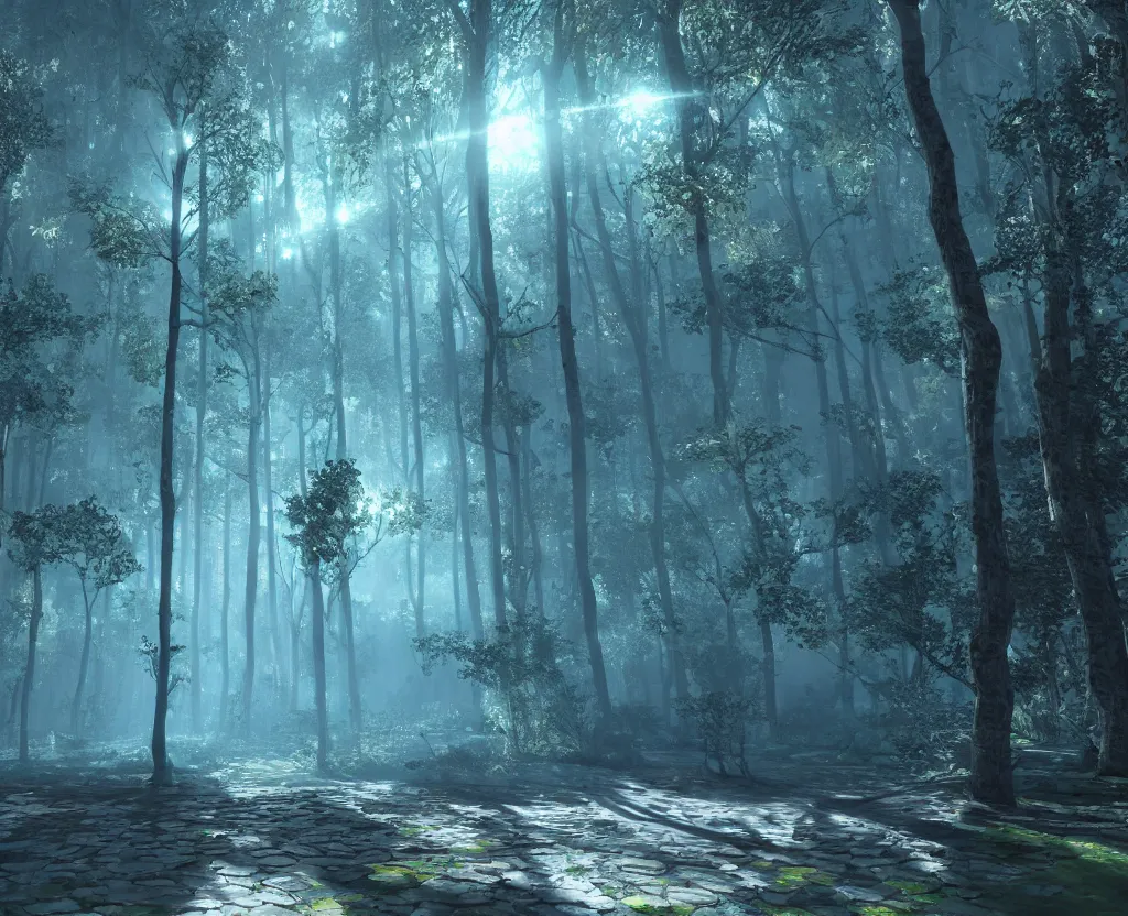 Image similar to blue forest, glowing, unreal engine 5, raytracing, shader, digital art, highly detailed, artstation, octane render