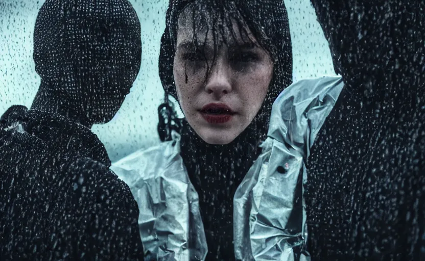 Image similar to cinestill 5 0 d candid photographic portrait by christopher nolan of two loving female androids wearing rugged black mesh techwear in treacherous waters, extreme closeup, modern cyberpunk moody emotional cinematic, pouring rain menacing lights, 8 k, hd, high resolution, 3 5 mm, f / 3 2, ultra realistic faces, ex machina