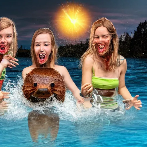 Image similar to three young women having fun on a boat, while a zombie beaver with glowing eyes is swimming beneath them. horror. realistic photo. very detailed.