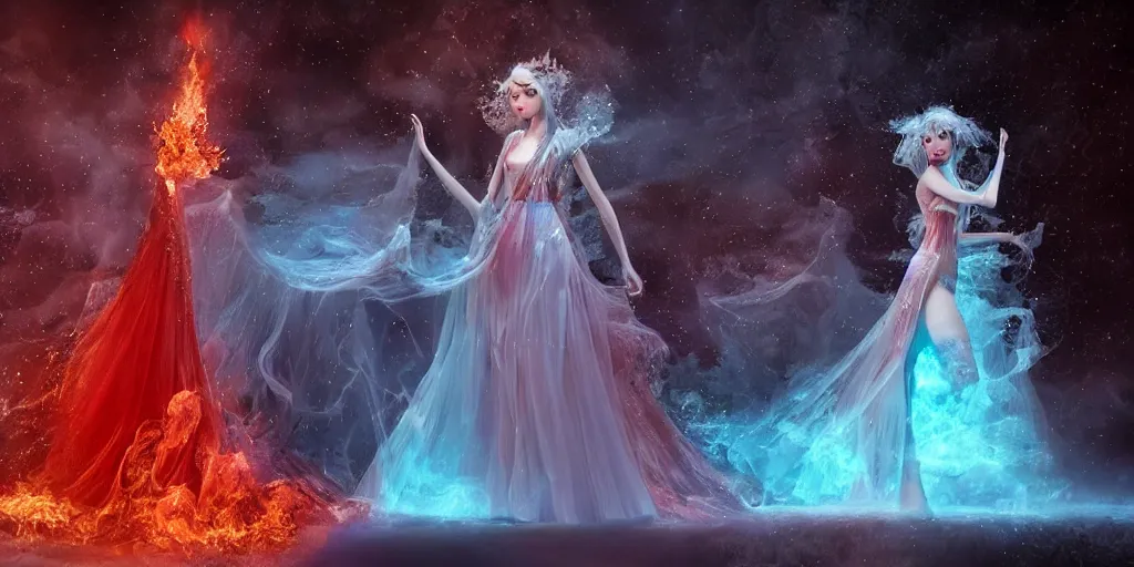 Prompt: extraordinary sensual fairytale princess dress made of fire and ice, snow, crystals, fusion, eruption, particles, 3d model, epic scene unreal render depth of focus blur hyper realistic detail Star Wars, fantasy art behance
