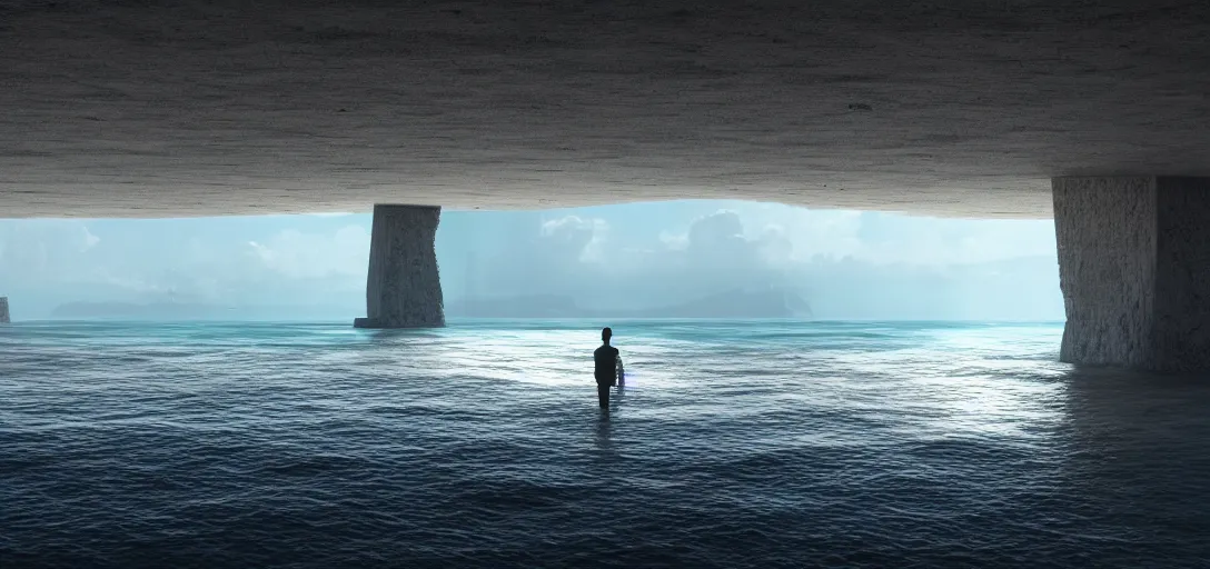 Image similar to view of sea, far away giant brutalist monolithic sea structure in the horizon, empty, clear skies, waves, reflections, refractions, caustics, dappled light, cinematic lighting, ultra detailed, sharp, ambient occlusion, raytracing, 3 d artstation render by greg rutowski, finnian macmanus and jessica rossier