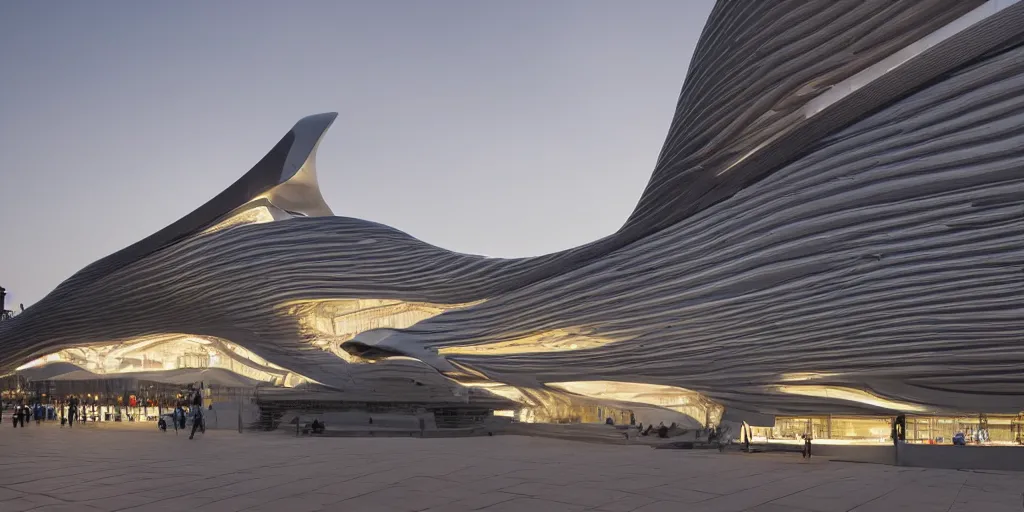 Image similar to extremely detailed ornate stunning sophisticated beautiful elegant futuristic museum exterior by Zaha Hadid, stunning volumetric light, stainless steal, concrete, translucent material, beautiful sunset, tail lights