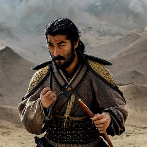 Image similar to handsome and strong! kurdish! samurai in a movie directed by christopher nolan, movie still frame, promotional image, imax 7 0 mm footage, perfect symmetrical facial features