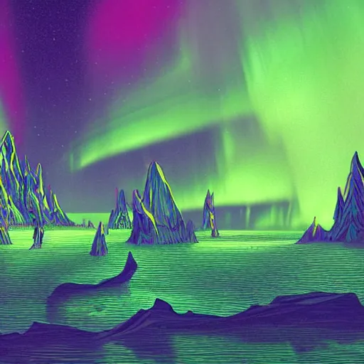 Image similar to wide wide photo of northern Lights in hell (((dynamic neon lighting)) in chromatic dmt trippy lake with glowing birds, mountains, elegant, highly detailed, sharp focus, illustration, beautiful, geometric, trending on artstation, cinematic, artwork by Tran, Ross and Aivazovsky, Ivan