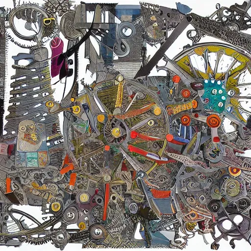 Image similar to a chaotic scene of many pairs of scissors and a crazy machine with lots of details and contraptions. the illustration is very detailed and intricate, with a lot of small elements that come together to create a cohesive whole. it uses a limited palette of colors, which helps to create a cohesive and unified look.