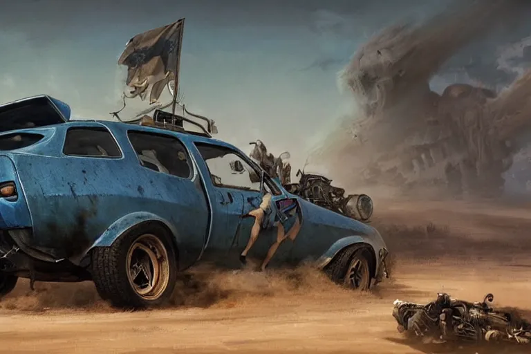 Image similar to Dacia 1310 in Mad Max, coriolios rpg art style, full of details, dark sci-fi, cold blue colors, matte painting, artstation, 8k, hyperrealistic, style of peter mohrbacher