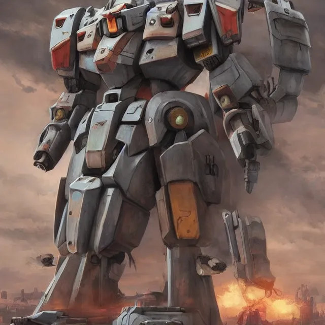 Image similar to symmetrical dieselpunk warrior, giant juggernougt gundam with details and decals in the utopia city. sci - fi, by mandy jurgens, ashley wood, ernst haeckel, james jean