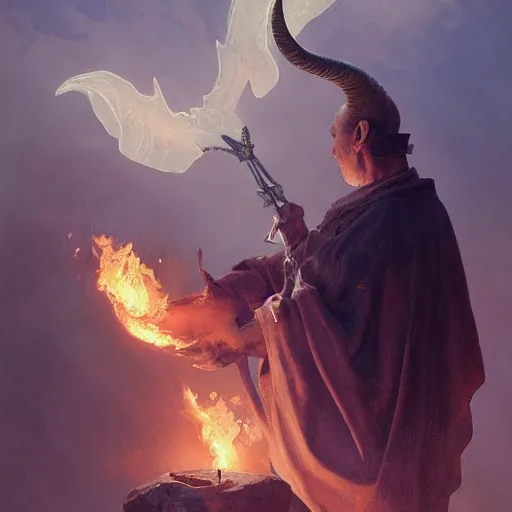 Prompt: ram horned catholic monk brings fire down from the sky, medieval style, trending on artstation, highly detailed, digital painting, volumetric light, concept art, sharp focus, illustration, art by greg rutkowski and alphonse mucha