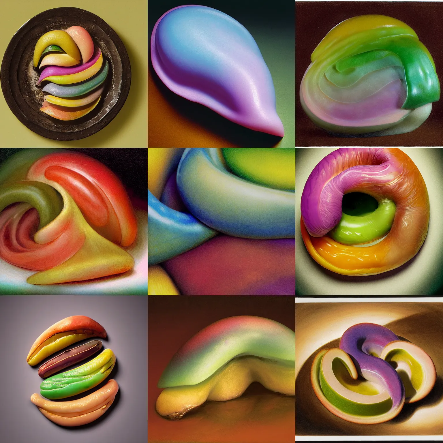 Prompt: one round biomorphic curvilinear form with gradient hi key pastel colors, by thomas moran, professional food photography