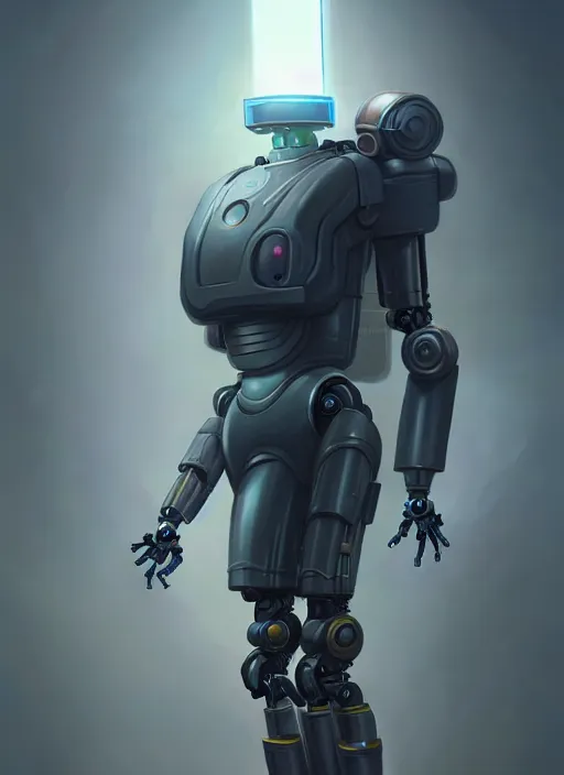 Image similar to a robot with a jetpack, diffuse lighting, fantasy, highly detailed, photorealistic, digital painting, artstation, illustration, concept art, smooth, sharp focus, in the style of tom bagshaw