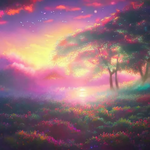 Image similar to a heavenly dream view from the interior of my cozy dream world filled with color from a Makoto Shinkai oil on canvas inspired pixiv dreamy scenery art majestic fantasy scenery fantasy pixiv scenery art inspired by magical fantasy exterior illumination of awe and wonderful magical lantern world