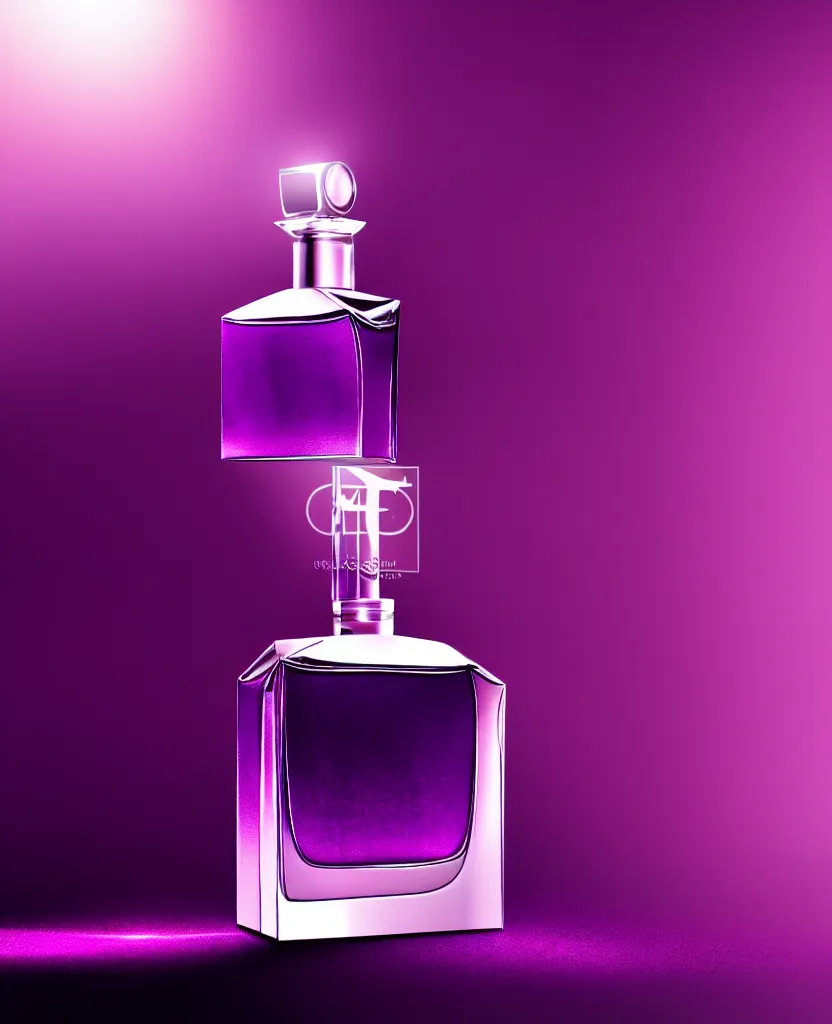 Image similar to close up shot of one premium perfume bottle containing purple liquid, the bottle is placed on a table, the bottle is in the middle of the scene, dust in the background, cinematic lighting!, spotlight, ultra detail, commercial, designer product, cinematic lighting, hd artstation, symmetrical, rendered, 4k