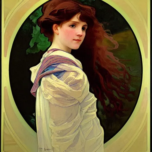 Image similar to a beautiful painting of a young girl in the scottish highlands, underexposed and overcast, by alphonse mucha, john sargent, and octane.