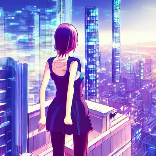 Image similar to a girl stands on top of a multi-storey building, anime style, 4k, cyberpunk city in the background, very detailed, by Ilya Kuvshinov