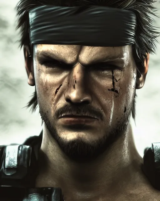 Prompt: solid snake portrait, cinematic lighting, anguished crying screaming black atmospheric background, 4 k photography hdr