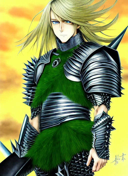 Image similar to a detailed manga full body portrait illustration of a man with long blonde hair and blue eyes wearing evil green spiked armour in a desolate place by hirohiko araki, detailed artwork, realism, 4 k resolution, detailed, high quality, sharp focus, hq artwork, insane detail, volumetric lighting, character concept art, fine details, clear subject, central subject