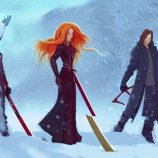 Prompt: A woman and a man are standing in the snow, the woman is leaning against the man, the man has long red hair, the woman has blonde long hair, the man has a red thick sword, the woman has a thin, long sword, a tree almost fully covered in bulky snow, concept art by Fabien Charuau, trending on pixiv, fantasy art, official art, wiccan, concept art, 4k, sharp details