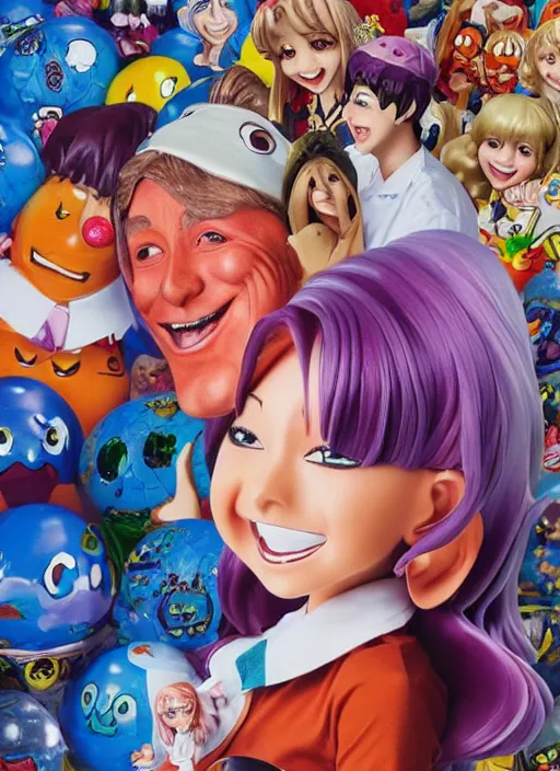 Image similar to a lifelike oil painting of an anime girl figurine caricature with a big dumb grin featured on lazy town by arthur szyk made of madballs