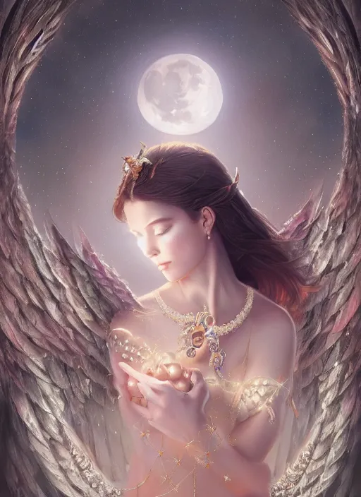 Image similar to A beautiful digital painting of a female angel full of jewels, princess, the moon behind her, intricate, cinematic lighting, highly detailed, digital painting, Artstation, concept art, smooth, sharp focus, illustration, art by Tom Bagshaw, Artgerm and Greg Rutkowski